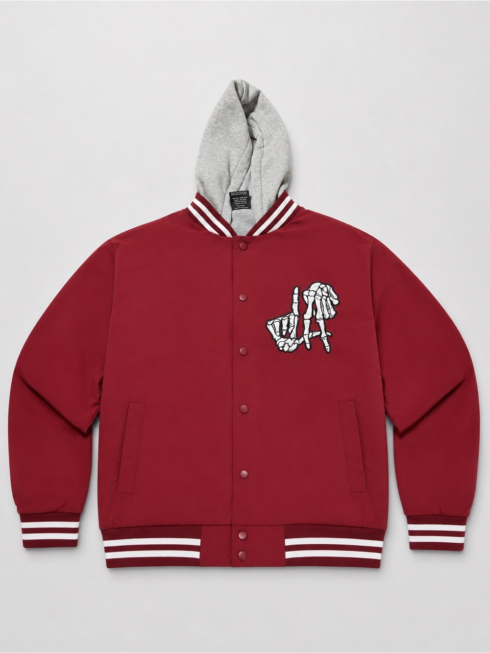 Original Deluxe Burgundy Bomber Jacket with Grey Hood and Skeletal Hand Patch